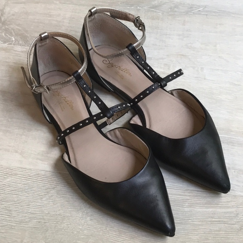 Anthropologie black leather flats w silver studs